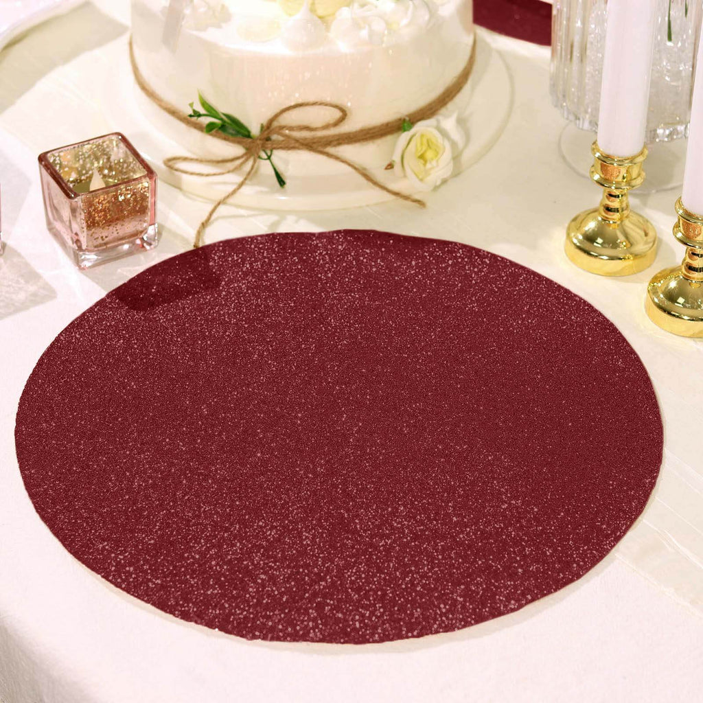 6-Pack Placemats Glitter Design Burgundy Sparkle Round - Non-Slip Decorative Dining Table Mats 13"