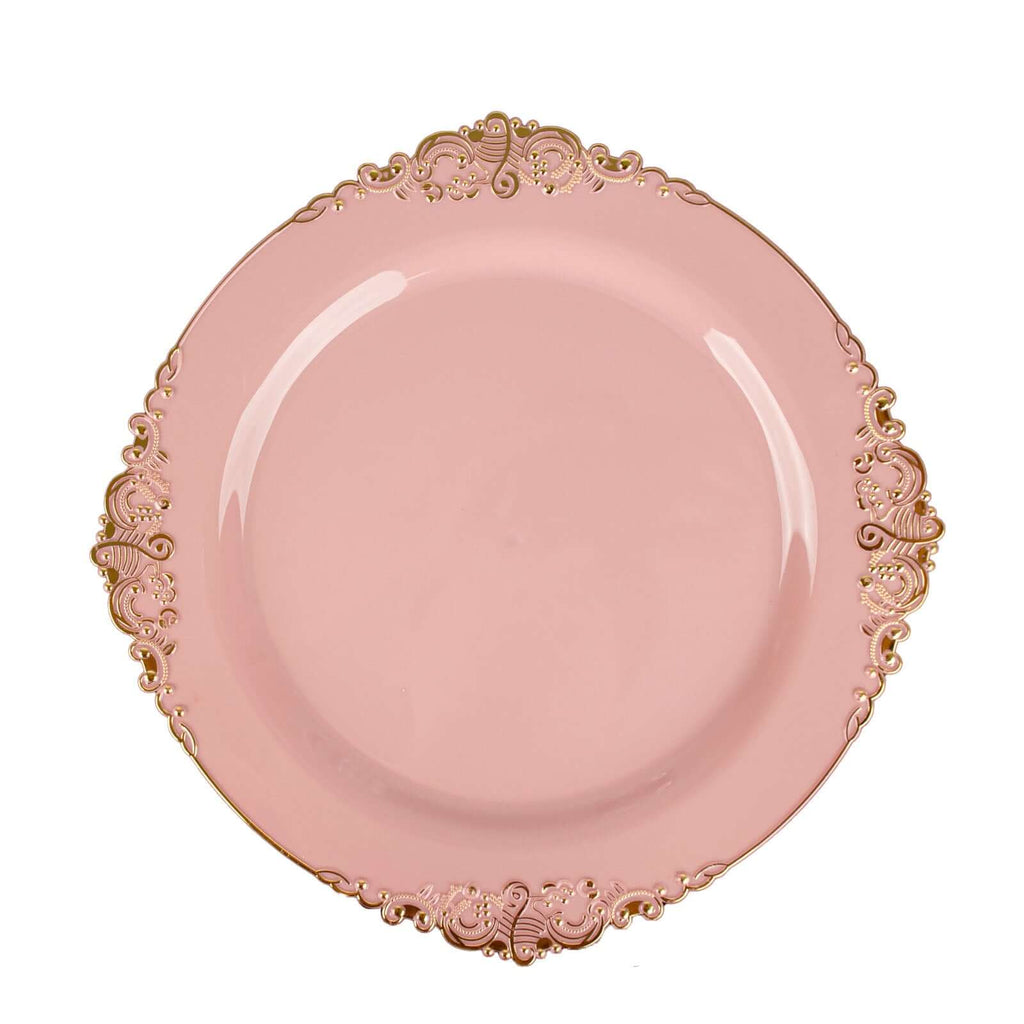10-Pack Plastic 10" Round Dinner Plates in Dusty Rose with Gold Leaf Embossed Rim - Disposable Vintage Baroque Style Plates