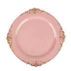 10-Pack Plastic 10" Round Dinner Plates in Dusty Rose with Gold Leaf Embossed Rim - Disposable Vintage Baroque Style Plates