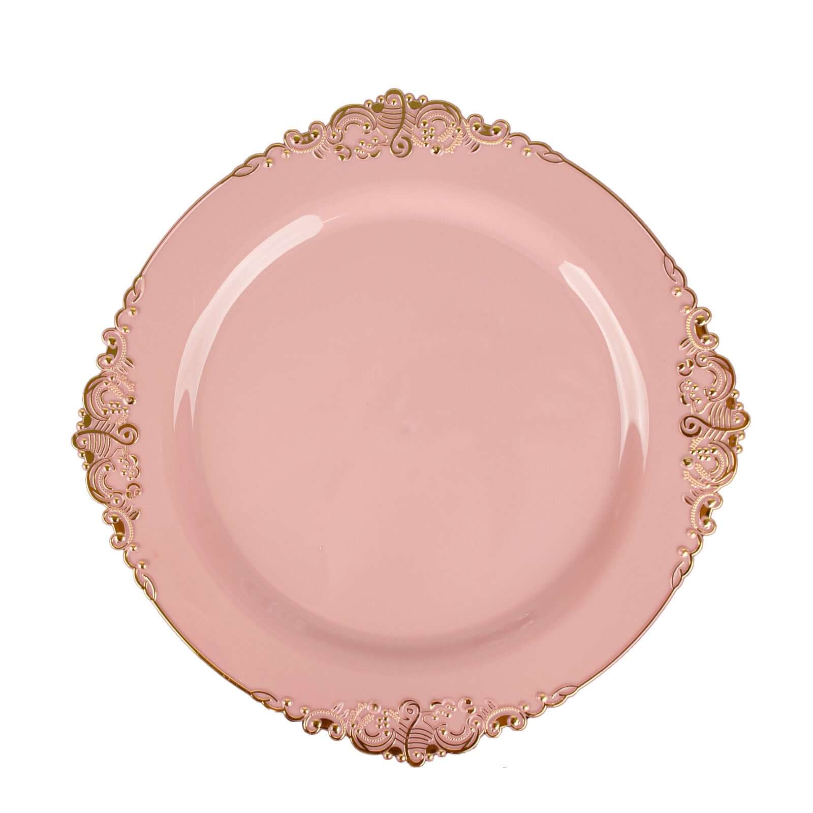 10-Pack Plastic 10" Round Dinner Plates in Dusty Rose with Gold Leaf Embossed Rim - Disposable Vintage Baroque Style Plates