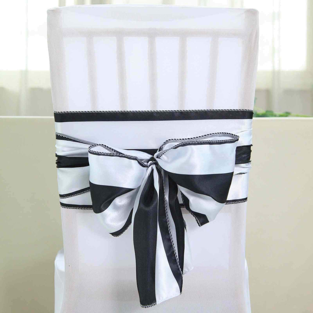 5 Pack Satin 6"x108" Chair Sashes Black/White Stripes - Sophisticated Decor for Weddings & Gatherings