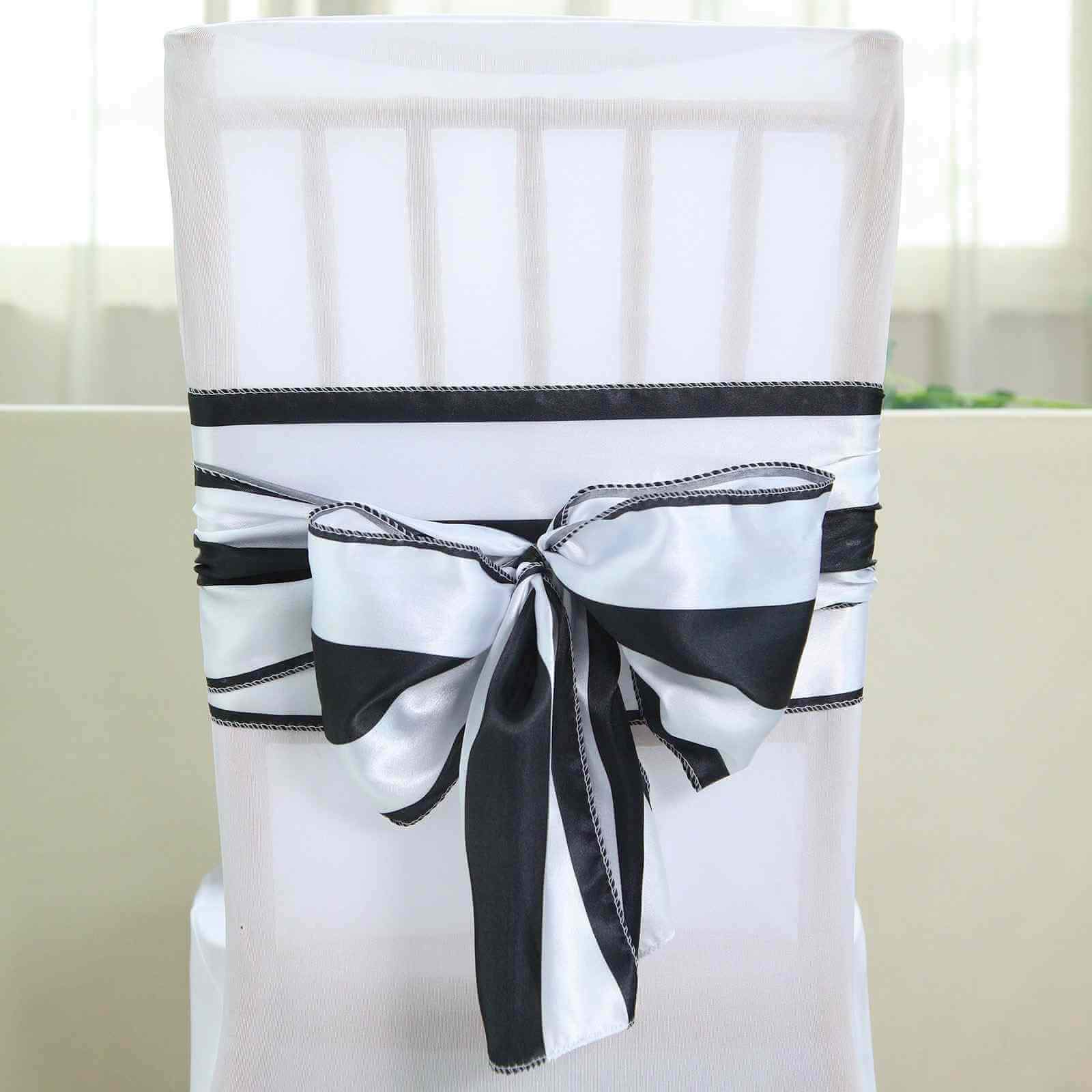 5 Pack Satin 6"x108" Chair Sashes Black/White Stripes - Sophisticated Decor for Weddings & Gatherings