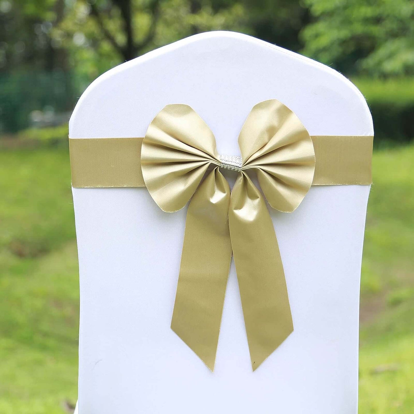 5 Pack Satin Faux Leather Chair Sashes Champagne - Durable Double Sided Pre-tied Bow Tie Chair Bands with Diamond Rhinestone Buckles