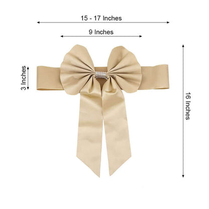 5 Pack Satin Faux Leather Chair Sashes Champagne - Durable Double Sided Pre-tied Bow Tie Chair Bands with Diamond Rhinestone Buckles