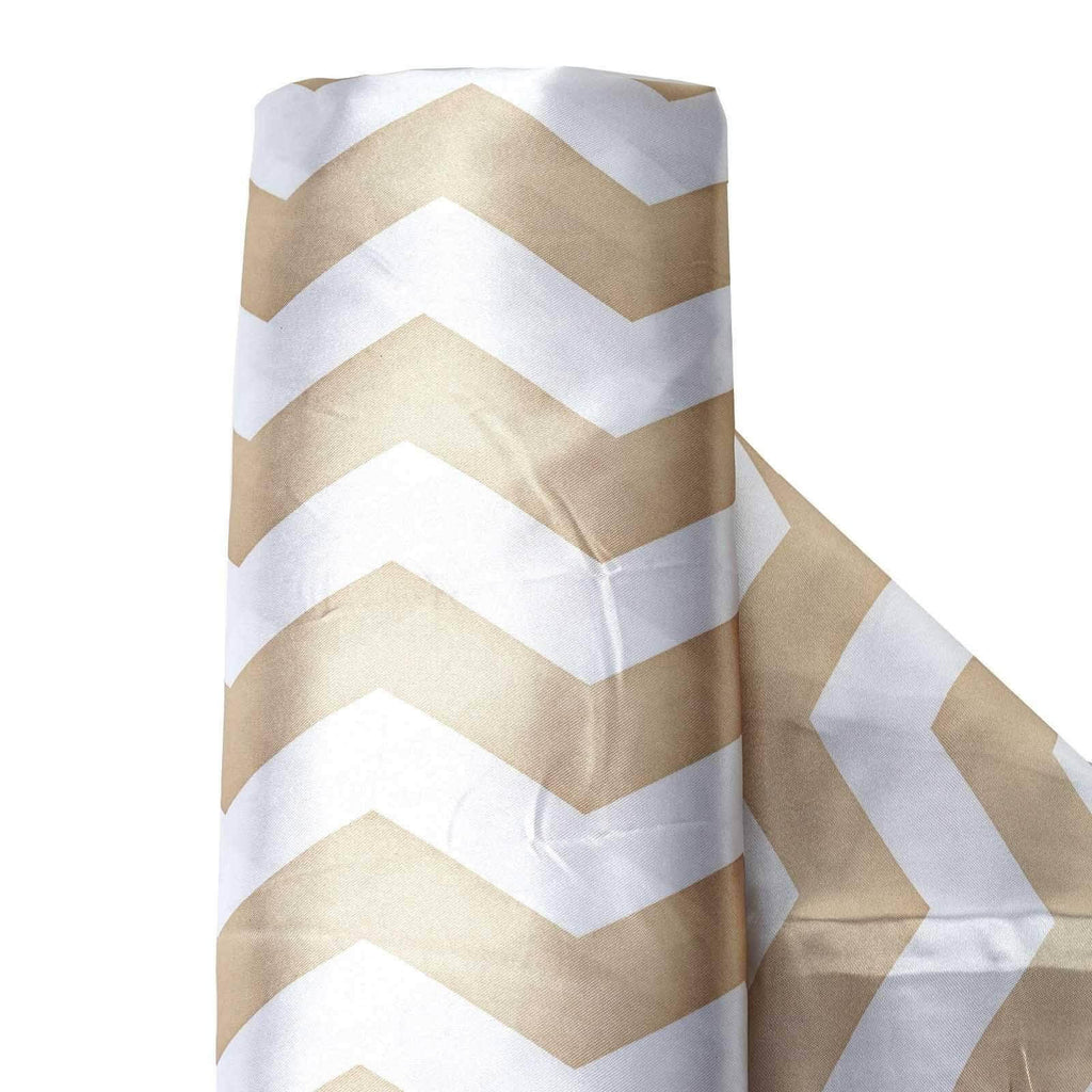 54"x10 Yards Champagne White Chevron Print Satin Fabric Roll, Zig Zag DIY Craft Fabric Bolt