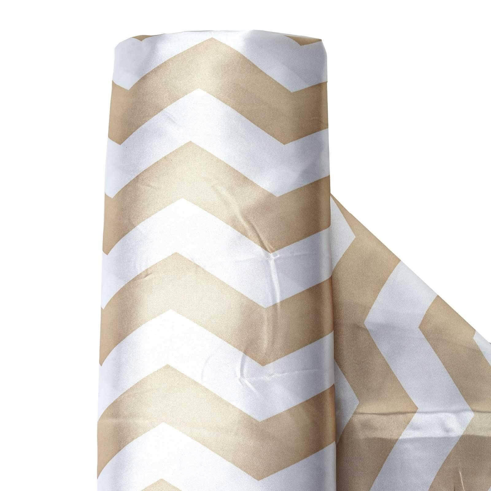 54"x10 Yards Champagne White Chevron Print Satin Fabric Roll, Zig Zag DIY Craft Fabric Bolt