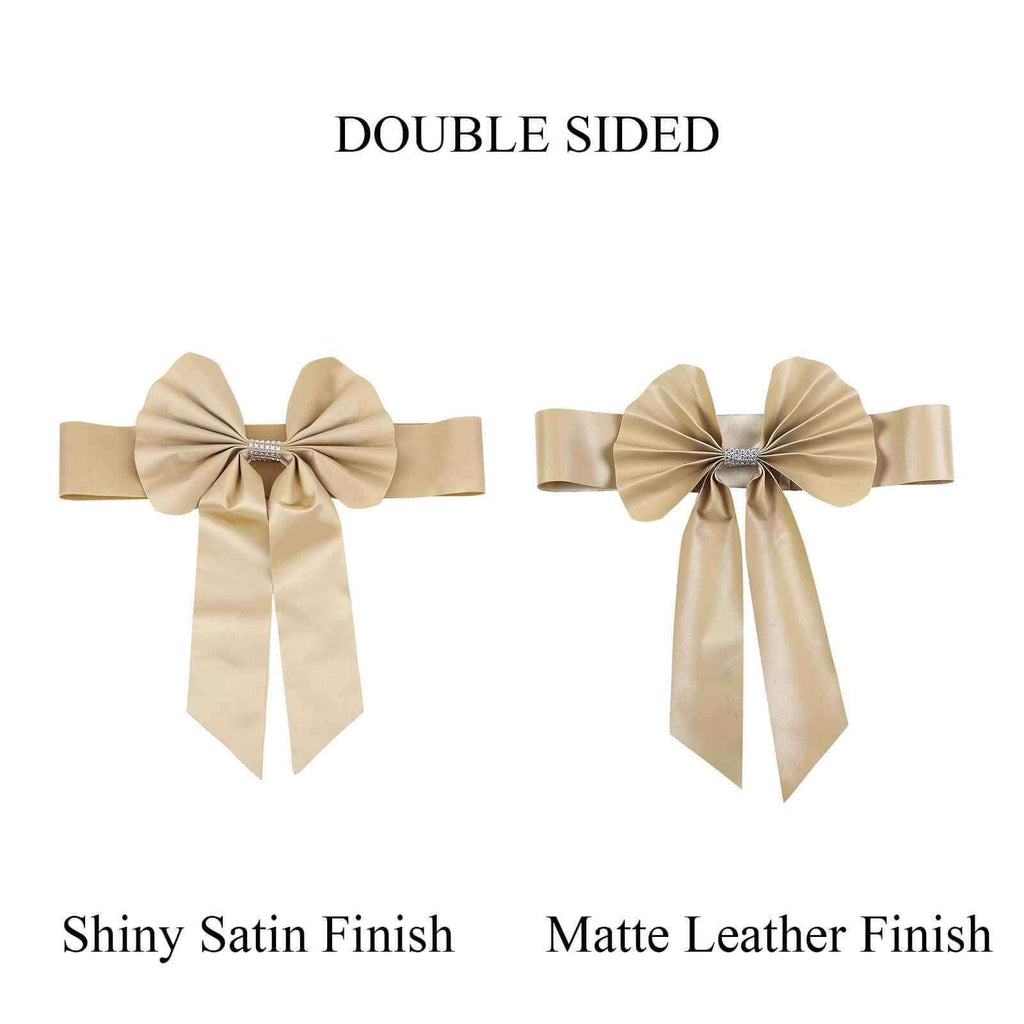 5 Pack Satin Faux Leather Chair Sashes Champagne - Durable Double Sided Pre-tied Bow Tie Chair Bands with Diamond Rhinestone Buckles