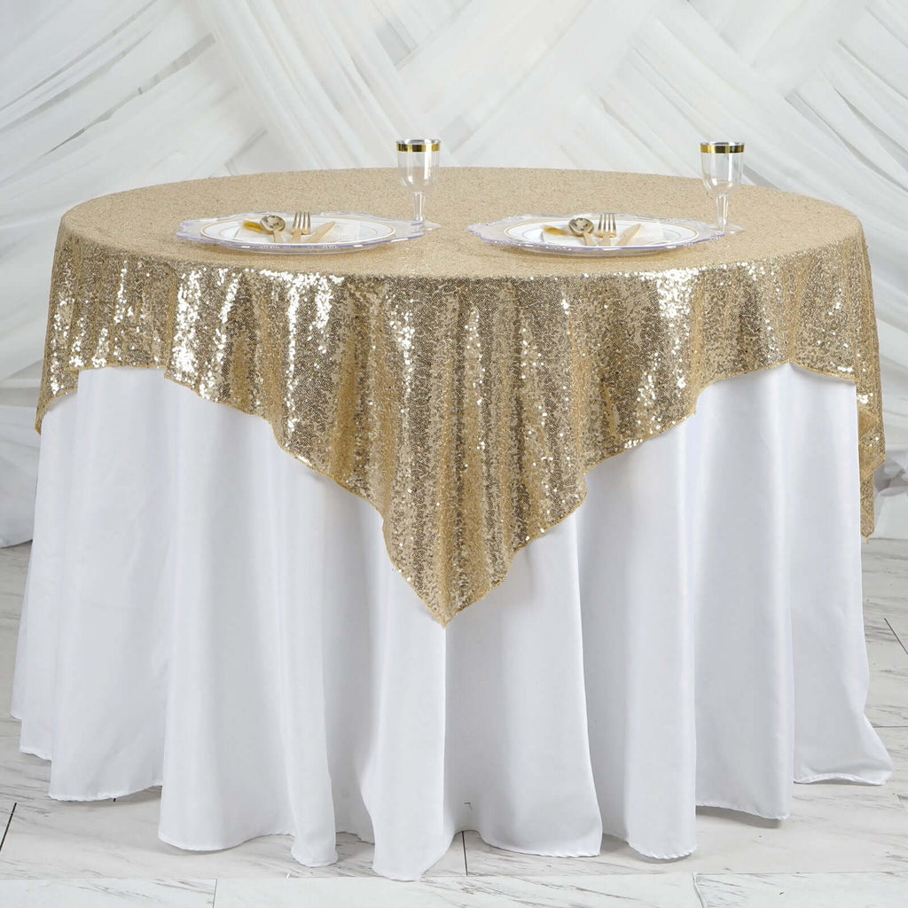 Sequin 60"x60" Table Overlay Square Tablecloth Champagne - Luxe Wedding Table Topper