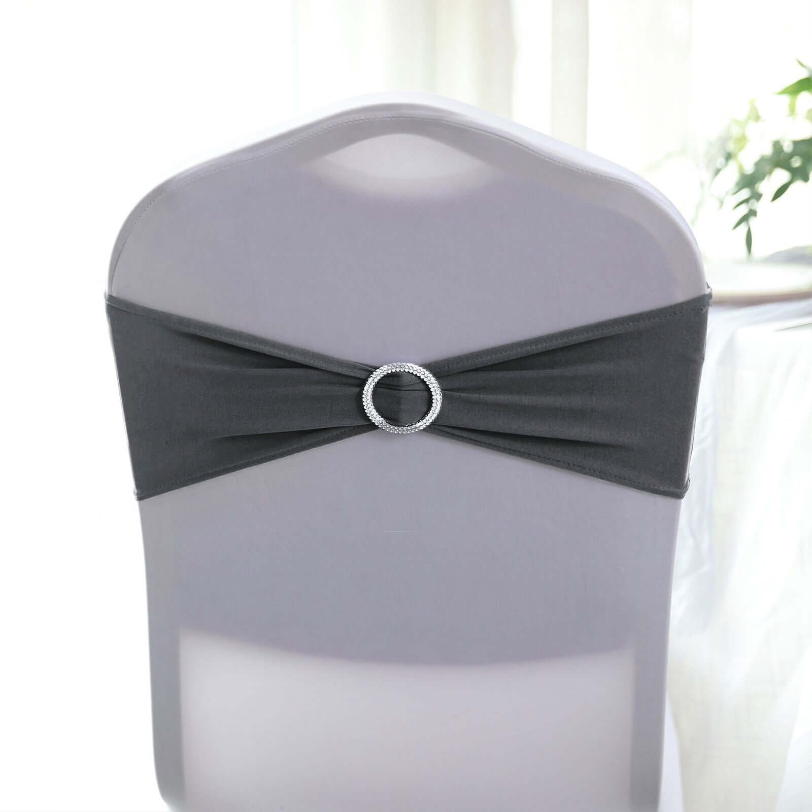5 Pack Stretch Spandex Chair Sashes Charcoal Gray - Reusable Chair Bands with Silver Diamond Ring Slide Buckle 5"x14"