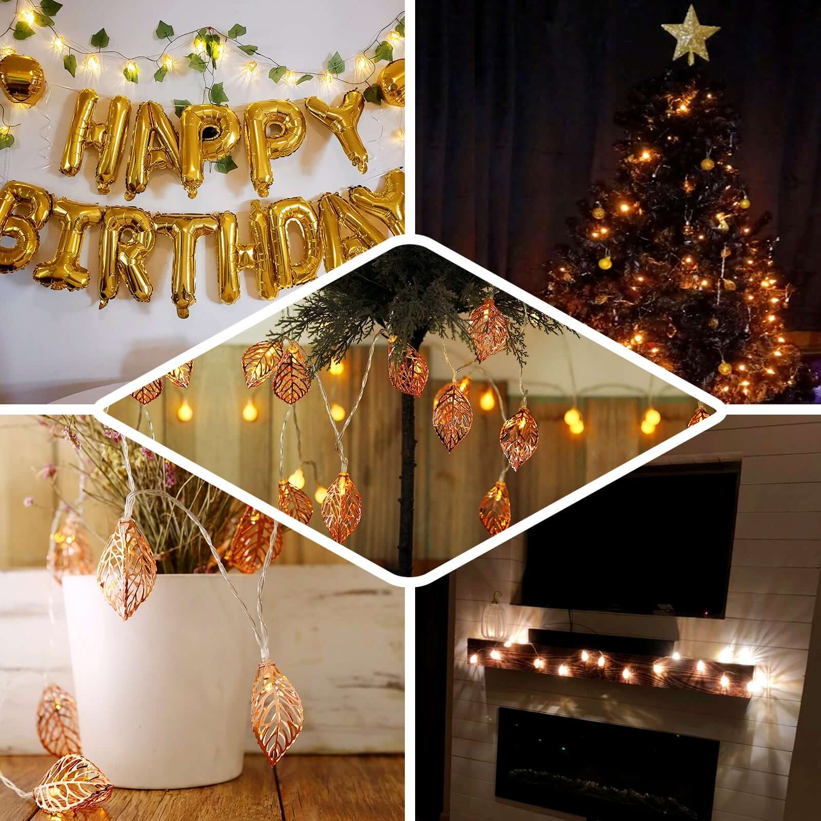 10 LED Fairy String Light Garland Rose Gold Leaves Design Warm White - Battery Operated Party Lights 5ft
