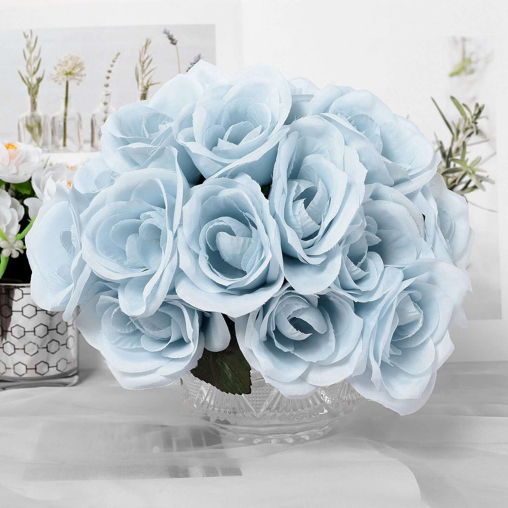 12" Ice Blue Artificial Velvet-Like Fabric Rose Flower Bouquet Bush