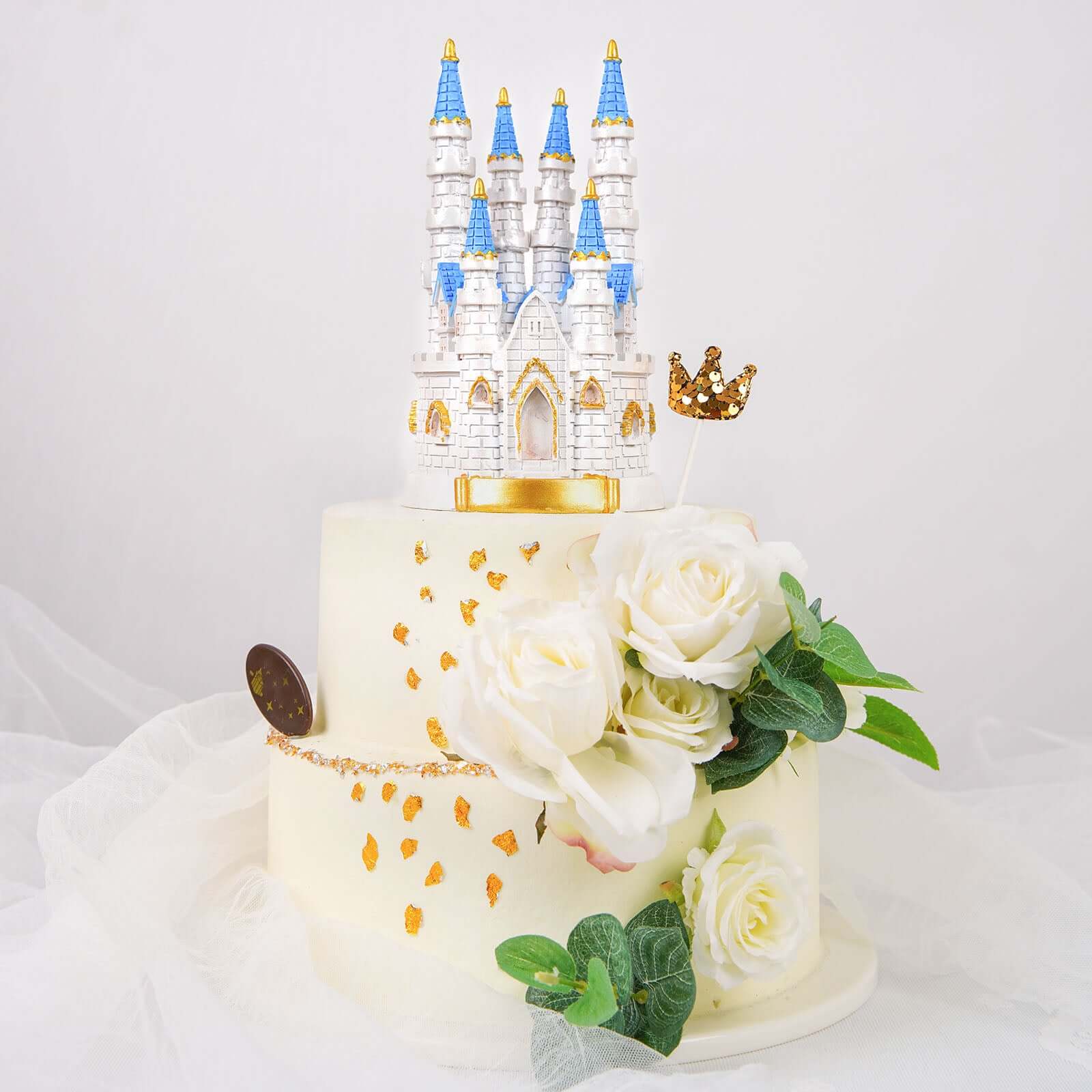 Cake Topper Figurine Fairytale Princess Castle Design Blue and White - Decoration for Baby Showers 8.5"