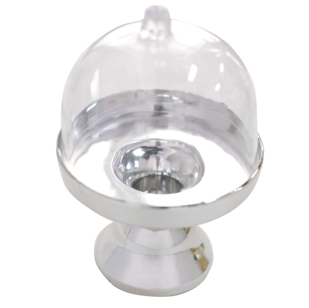 12-Pack Fillable Mini Pedestal Candy Container Clear/Silver - Decorative Candy Treat Favor Boxes with Dome Lid 4"