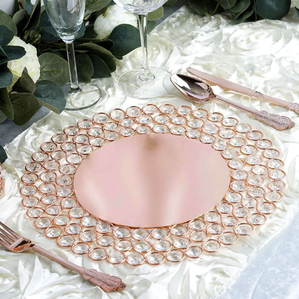 Wired Metal Round Charger Plate 14" in Rose Gold with Acrylic Crystal Beads, Glamorous Decorative Dinner Charger Tableware