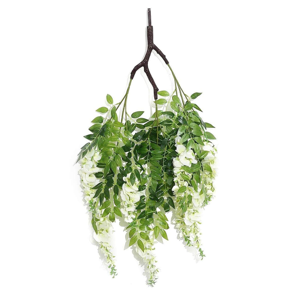 55" Cream Artificial Silk Hanging Wisteria Vine Flower Chandelier, Round Draping Garland Canopy With Interchangeable Branches