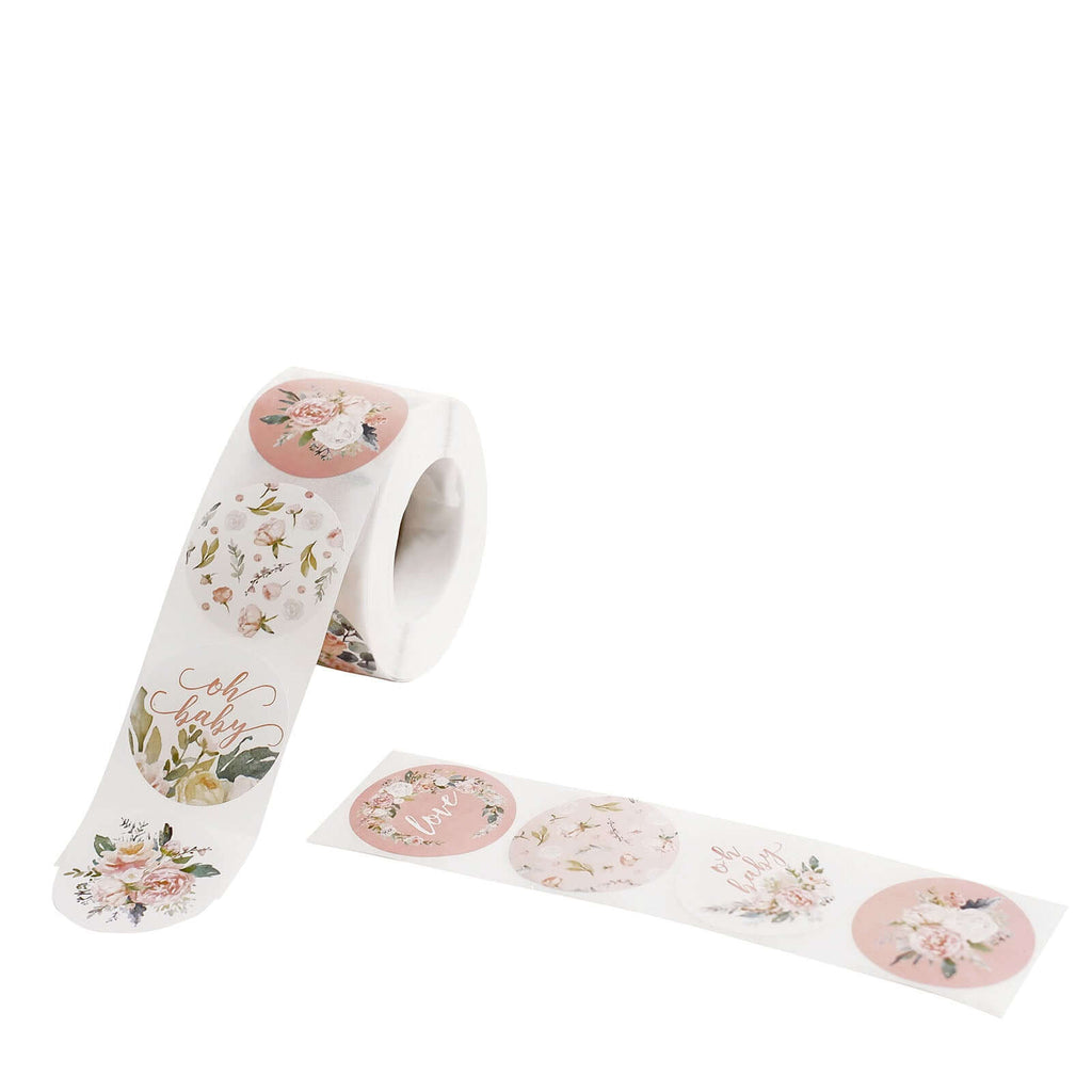 500Pcs 1.5" Baby Shower Love and Oh Baby Floral Stickers Roll, Labels For DIY Envelope Seal - Round