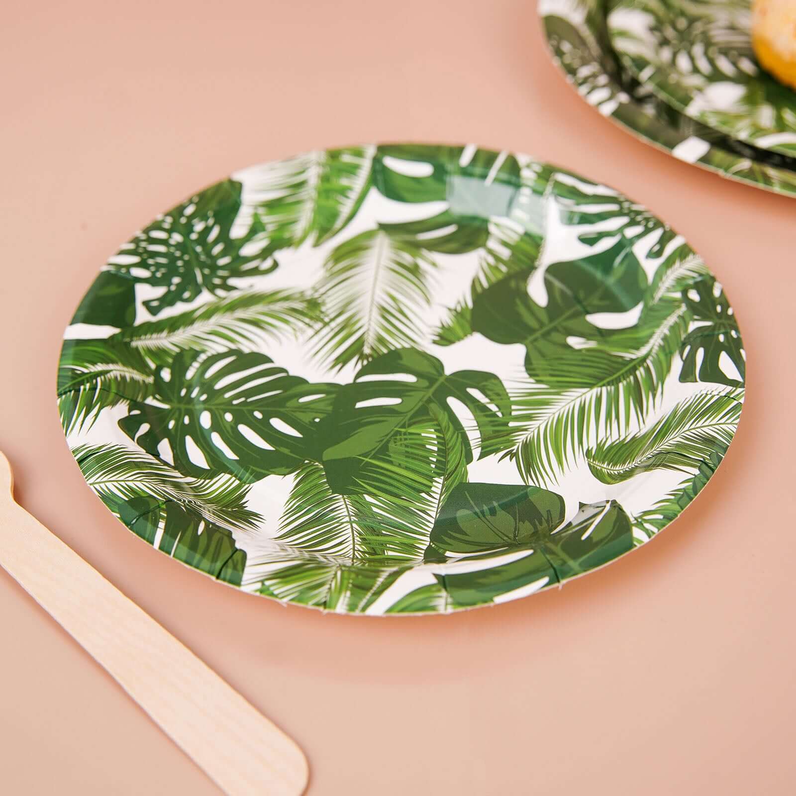 25-Pack Paper 7" Round Dessert Plates in White with Tropical Palm Leaf Design - Disposable 300GSM Appetizer Salad Plates for Boho Chic & Jungle Themed Events