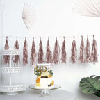 12 Pack Pre-Tied Rose Gold Paper Fringe Tassels With Garland String, Hanging Streamer Banner