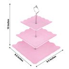 3-Tier Plastic Square Cupcake Stand Tower Pink - Charming Easy to Assemble Dessert Display Serving Tray Platter with Floral Embossed Scalloped Rim & Silver Handle for Tea Parties Weddings & Special Occasions 13"