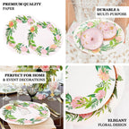 25-Pack Paper 7" Round Dessert Plates in White with Rose/Peony Flower Wreath - Disposable Appetizer Salad Plates for Special Occasions & Gatherings