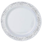 10-Pack Plastic Dinner Plates White with Fancy Silver Lace Rim - Stylish Disposable Plates for Events 10"