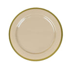 10-Pack Plastic 7" Round Appetizer Plates in Taupe with Gold Rim - Sleek Disposable Salad Plates for Banquets & Special Occasions