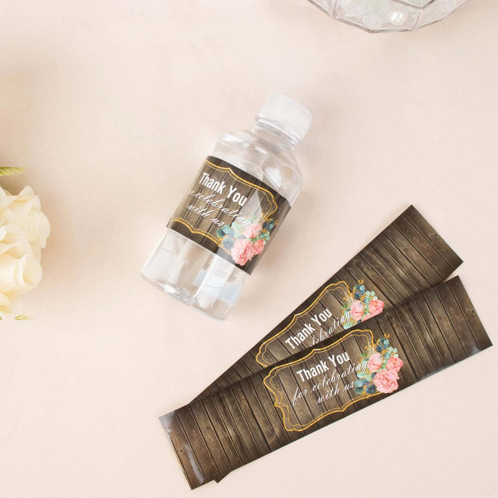 24 Pack Rustic Water Bottle Labels Wood Print with Gold Floral Frame "Thank You" Waterproof Bottle Stickers