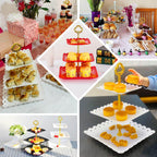 3-Tier Plastic Square Cupcake Stand Tower White - Charming Disposable Dessert Display Serving Tray Platter with Heart Wavy Edge & Gold Top Handle for Tea Parties Weddings & Special Occasions 13"