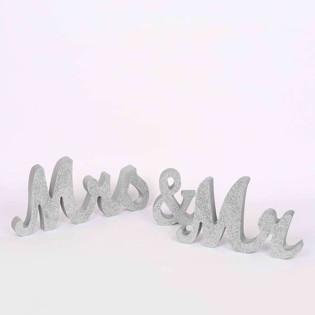 Wooden "Mr & Mrs" Freestanding Letters Silver Glittered - Rustic Glam Wedding Table Display Signs