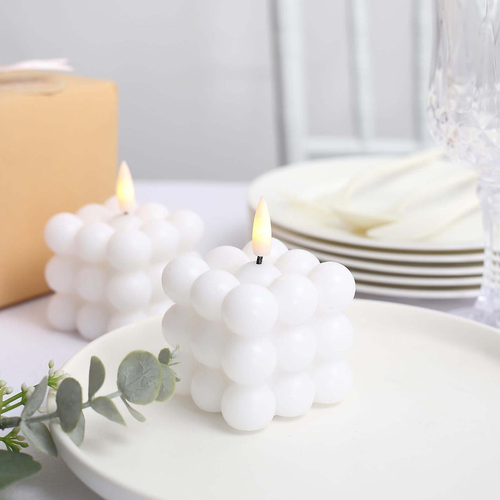 2-Pack LED Flameless Cube Candles Flickering Warm White/White - Battery Operated Bubble Design 2"