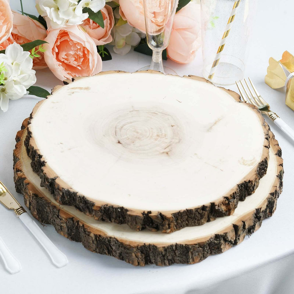 15" Dia Natural Wood Charger Plates With Bark Edge Wood Slice Chargers Rustic Wedding Table Settings