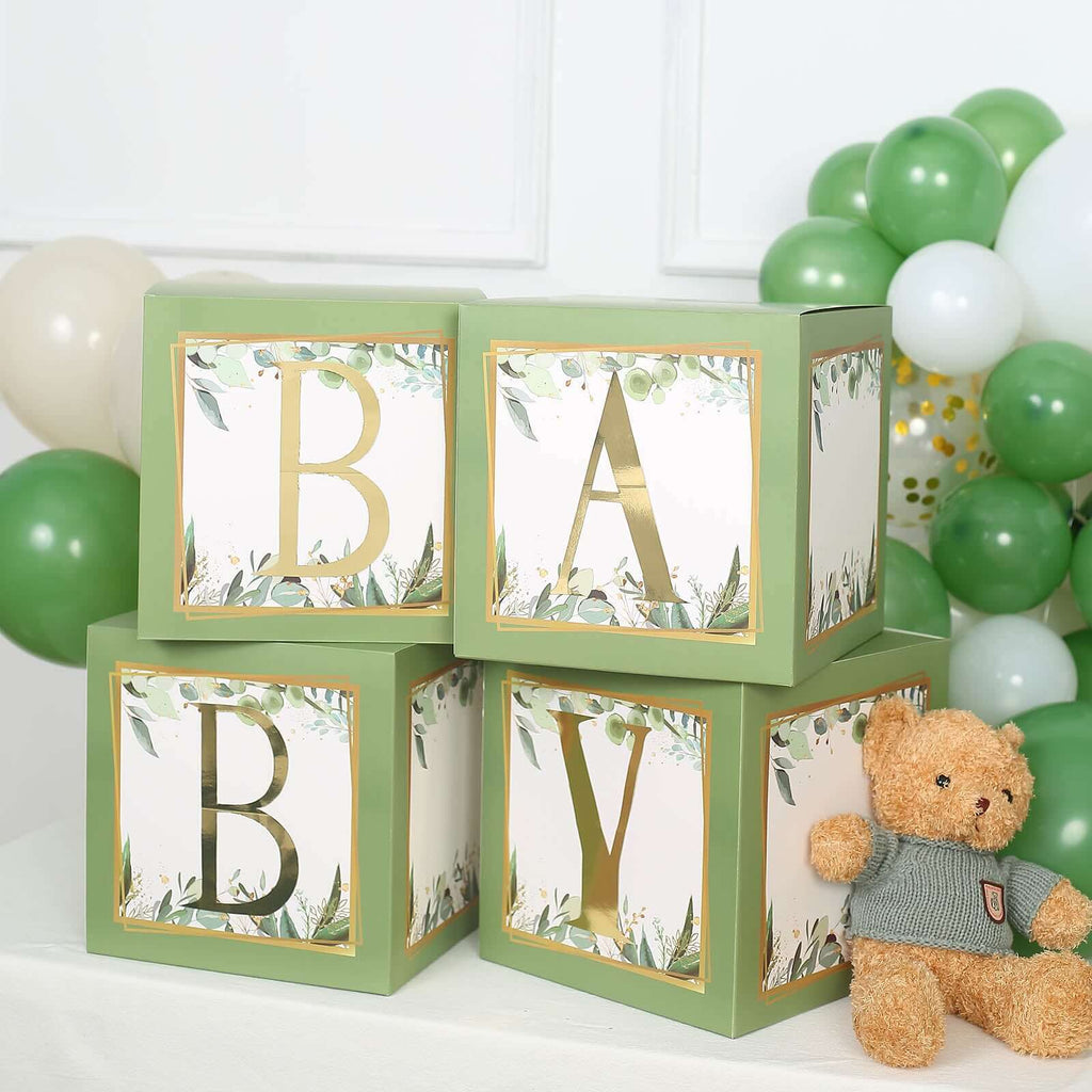 4 Pack Green Foliage Leaves Boho Design DIY Prop Balloon Boxes, Gender Neutral Baby Shower Party Decorations