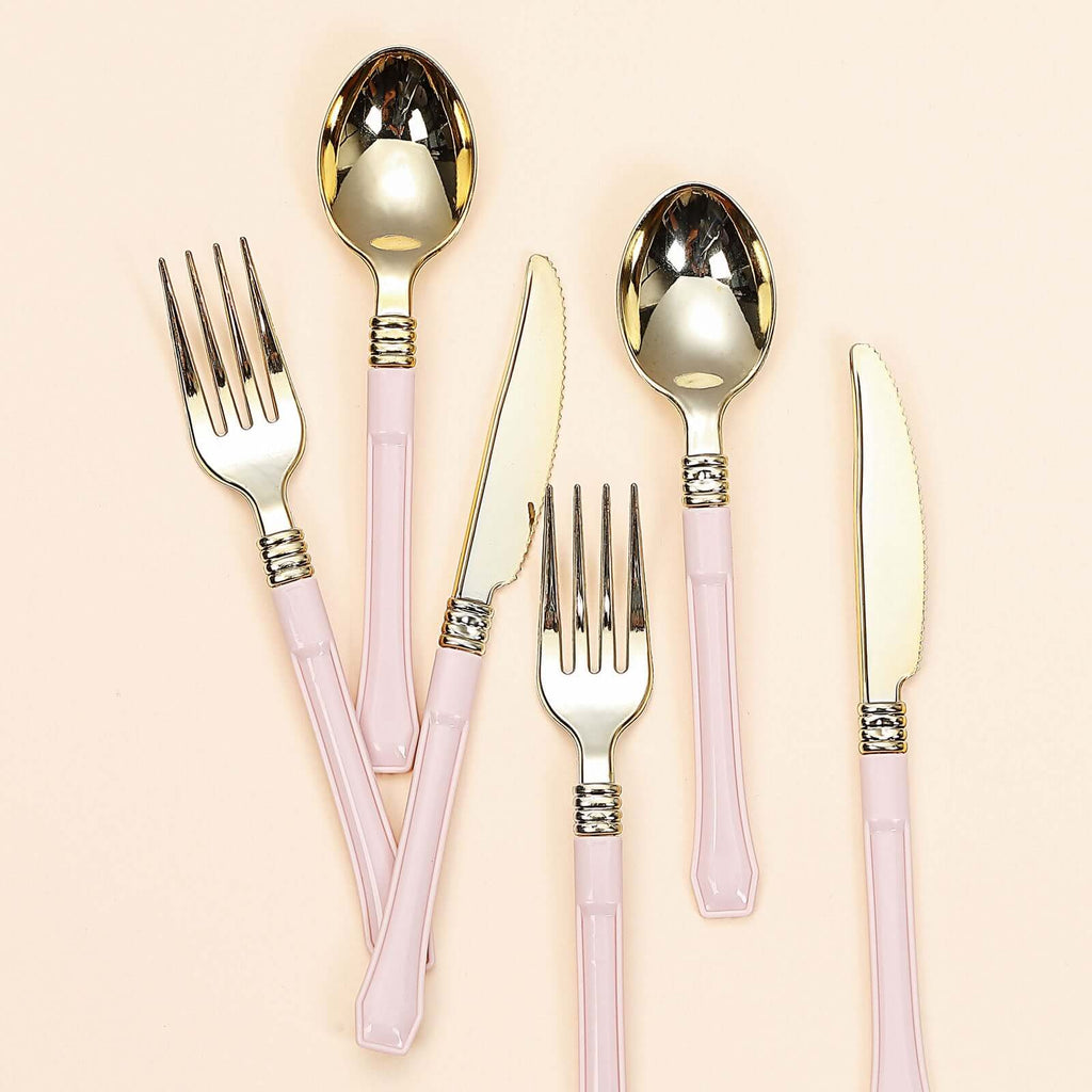 24 Pack Gold 7.5" Heavy Duty Plastic Knives with Blush Handle, Disposable Silverware