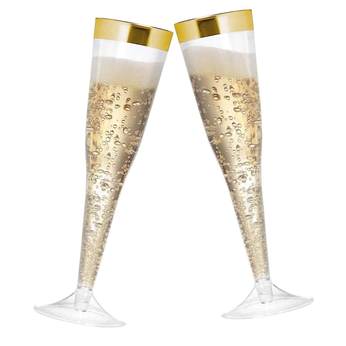 12-Pack Plastic Champagne Flutes Clear/Gold Hollow Stem - Stylish Disposable Glasses with Detachable Base for Toasts 6oz