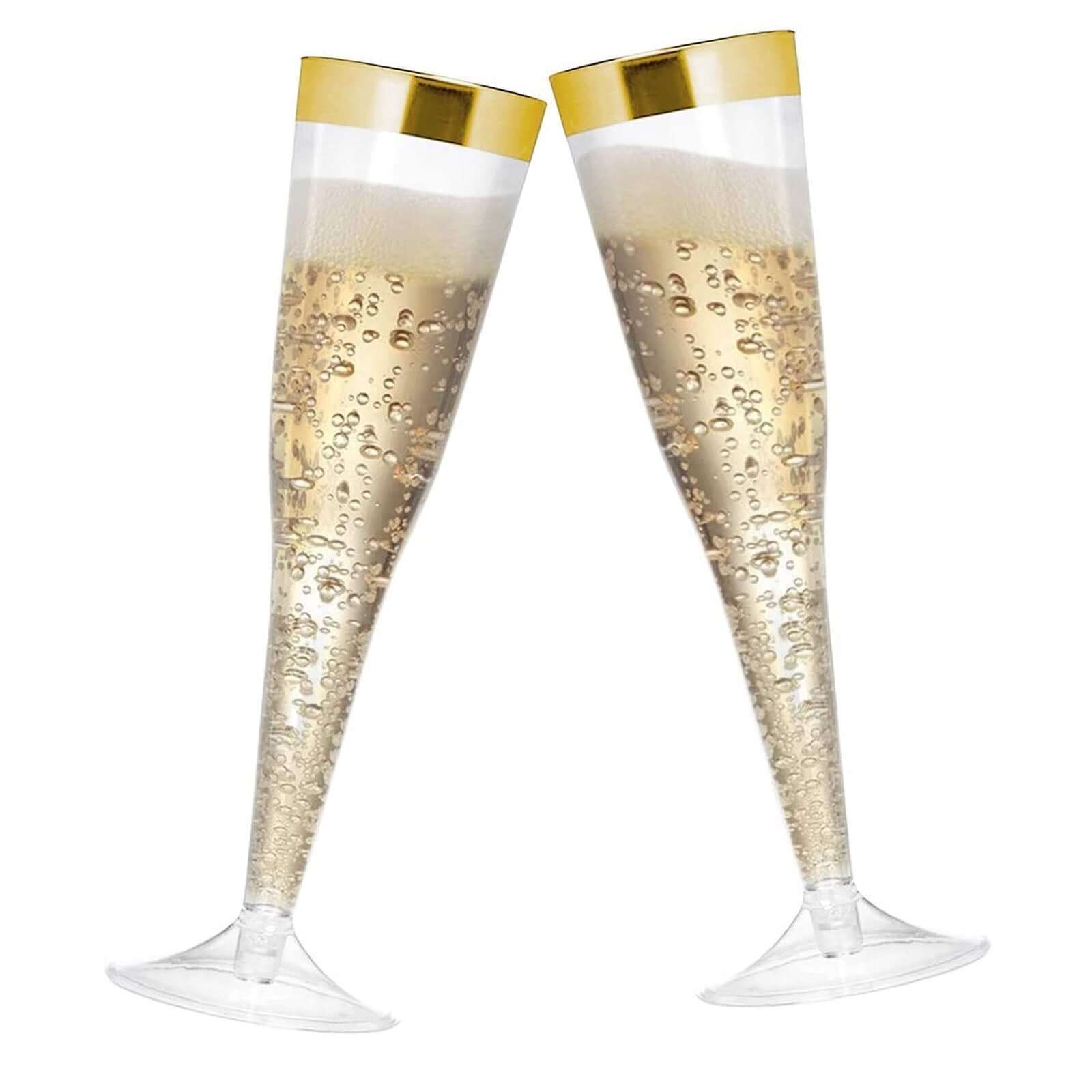 12-Pack Plastic Champagne Flutes Clear/Gold Hollow Stem - Stylish Disposable Glasses with Detachable Base for Toasts 6oz