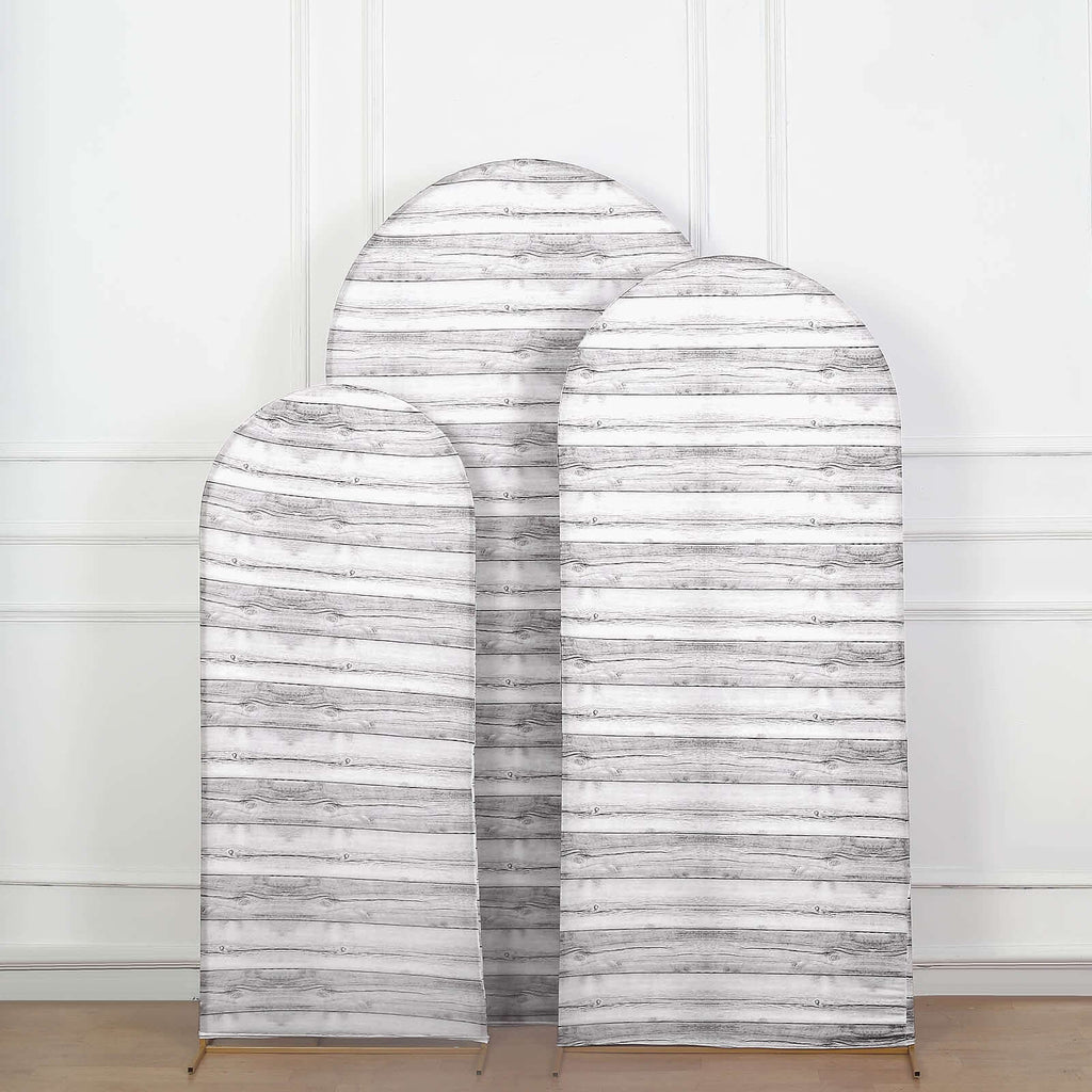 Set of 3 White Rustic Wood Plank Pattern Spandex Fitted Chiara Backdrop Stand Cover For Round Top Wedding Arch - 5ft, 6ft, 7ft