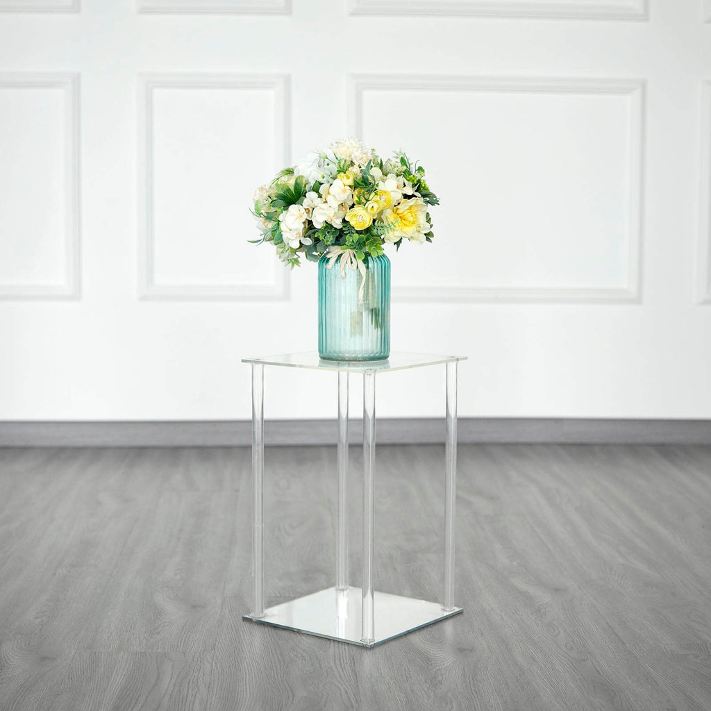 Acrylic Flower Vase Pillar Stand with Square Mirror Base Clear - Stylish Wedding Table Centerpiece 16"
