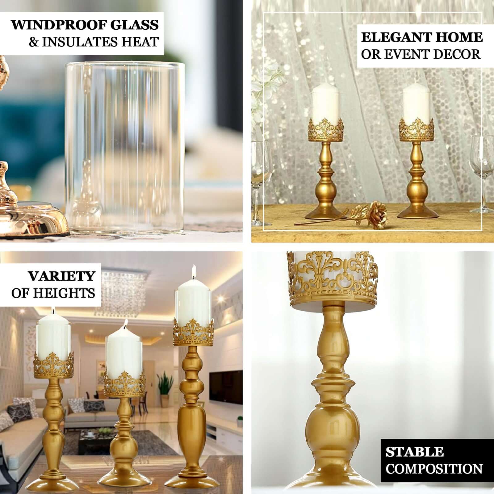 Set of 3 Lace Hurricane Candle Holders Antique Gold with Glass Shades - Chic Pillar Candle Stands 12", 14", 17"