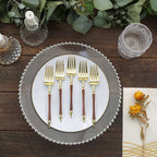 24-Pack Plastic Dessert Forks with Roman Column Handle Gold/Brown - European Style Disposable Utensils 6"