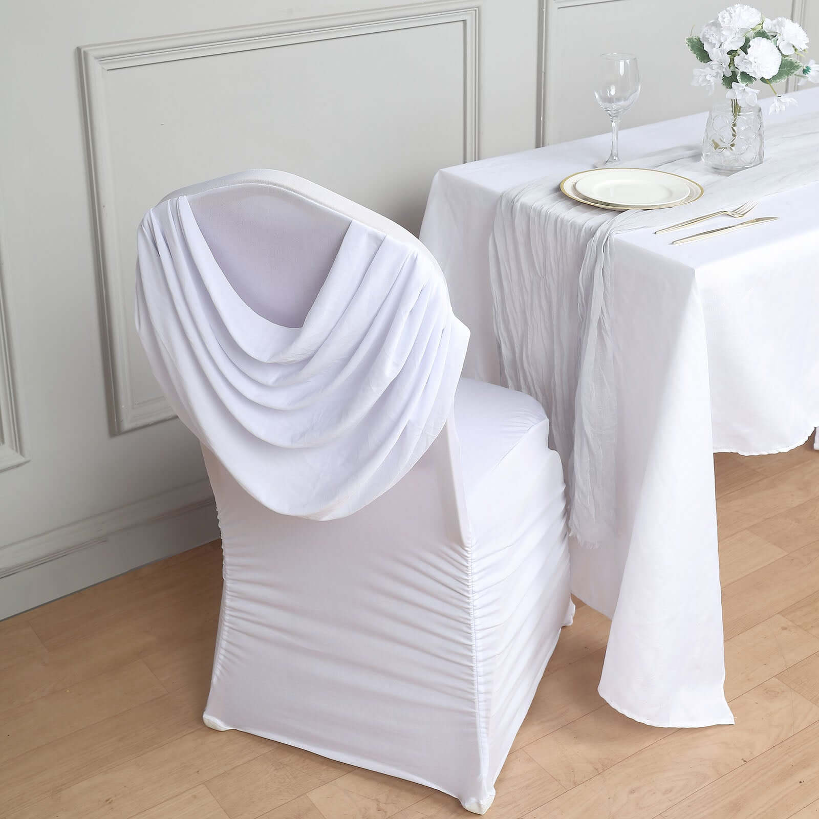 Spandex Chair Cover with Ruched Swag Back and Foot Pockets for Banquet Chairs White - Stylish Fitted Slipcover for Weddings & Gatherings