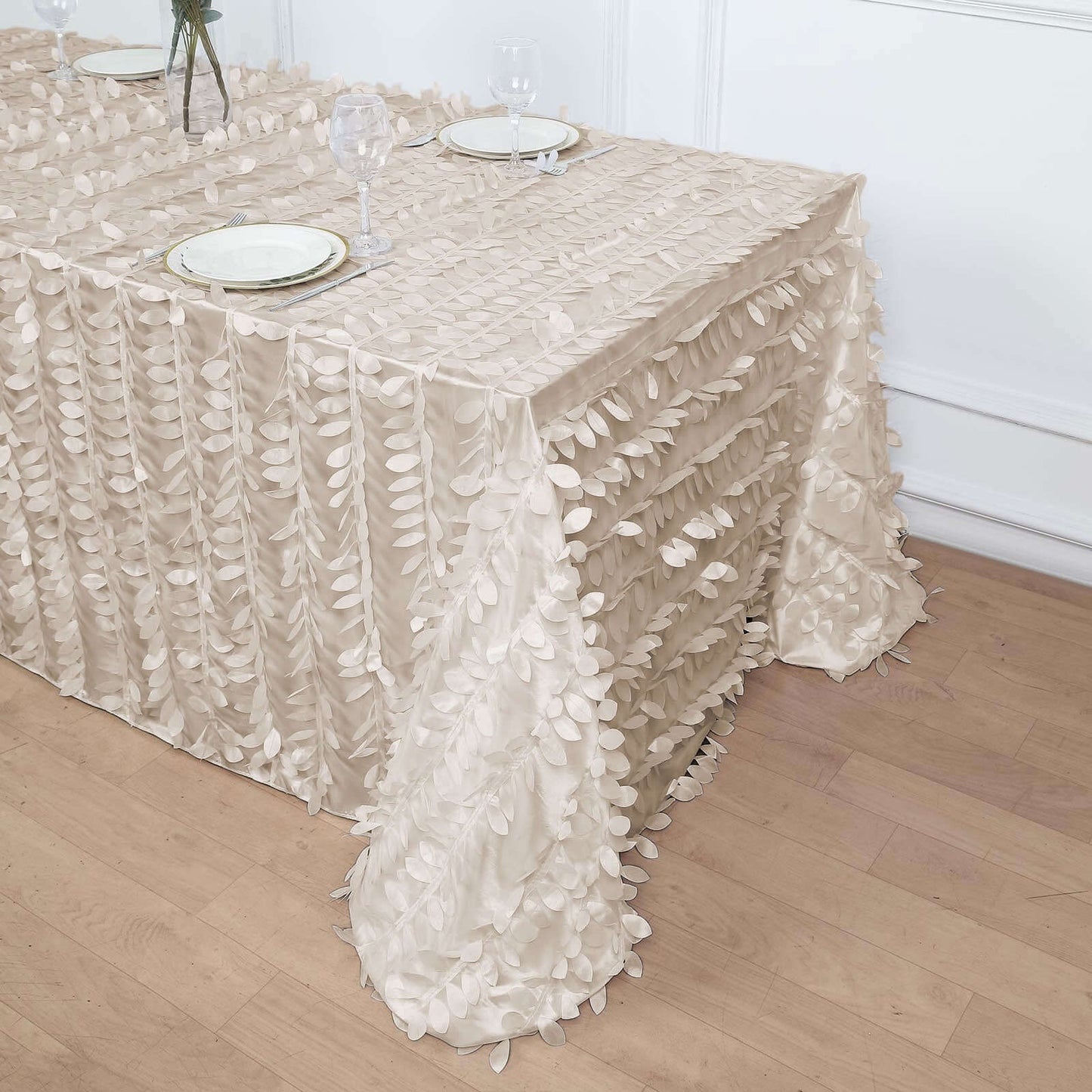 Taffeta 90"x132" Rectangle Tablecloth Beige | 3D Leaf Petal Design Seamless Table Cover