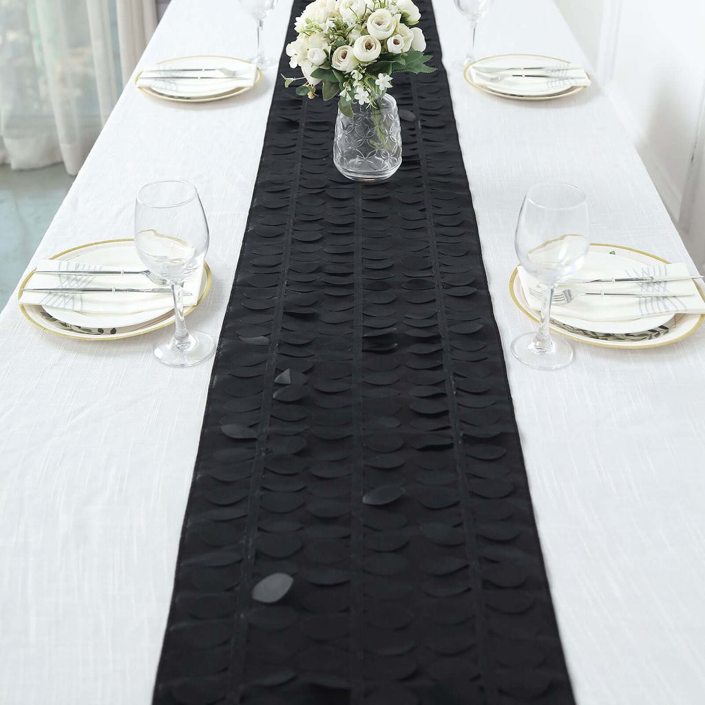 Taffeta Fabric 12"x108" Table Runner Black - 3D Leaf Petal Design