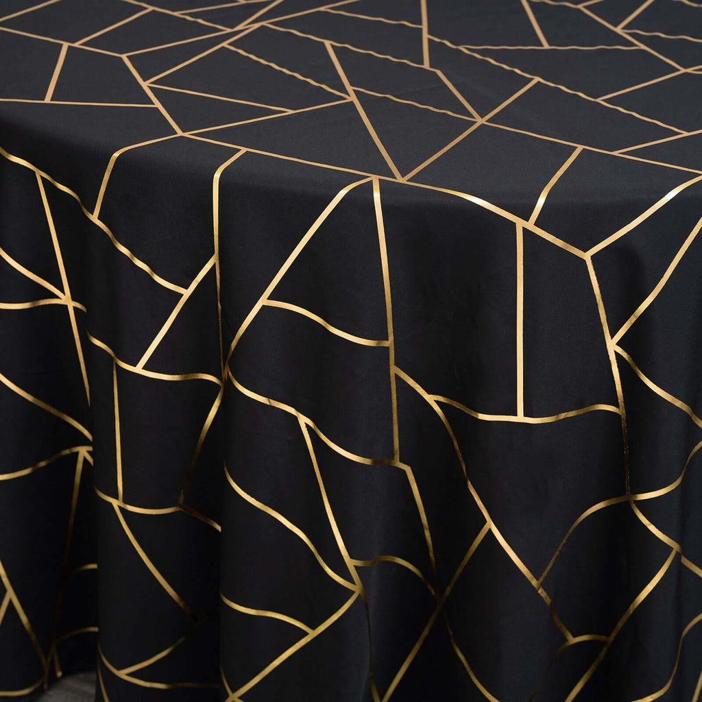 Polyester 120" Round Tablecloth Black with Gold Foil Geometric Pattern Wrinkle-Resistant Seamless Table Cover