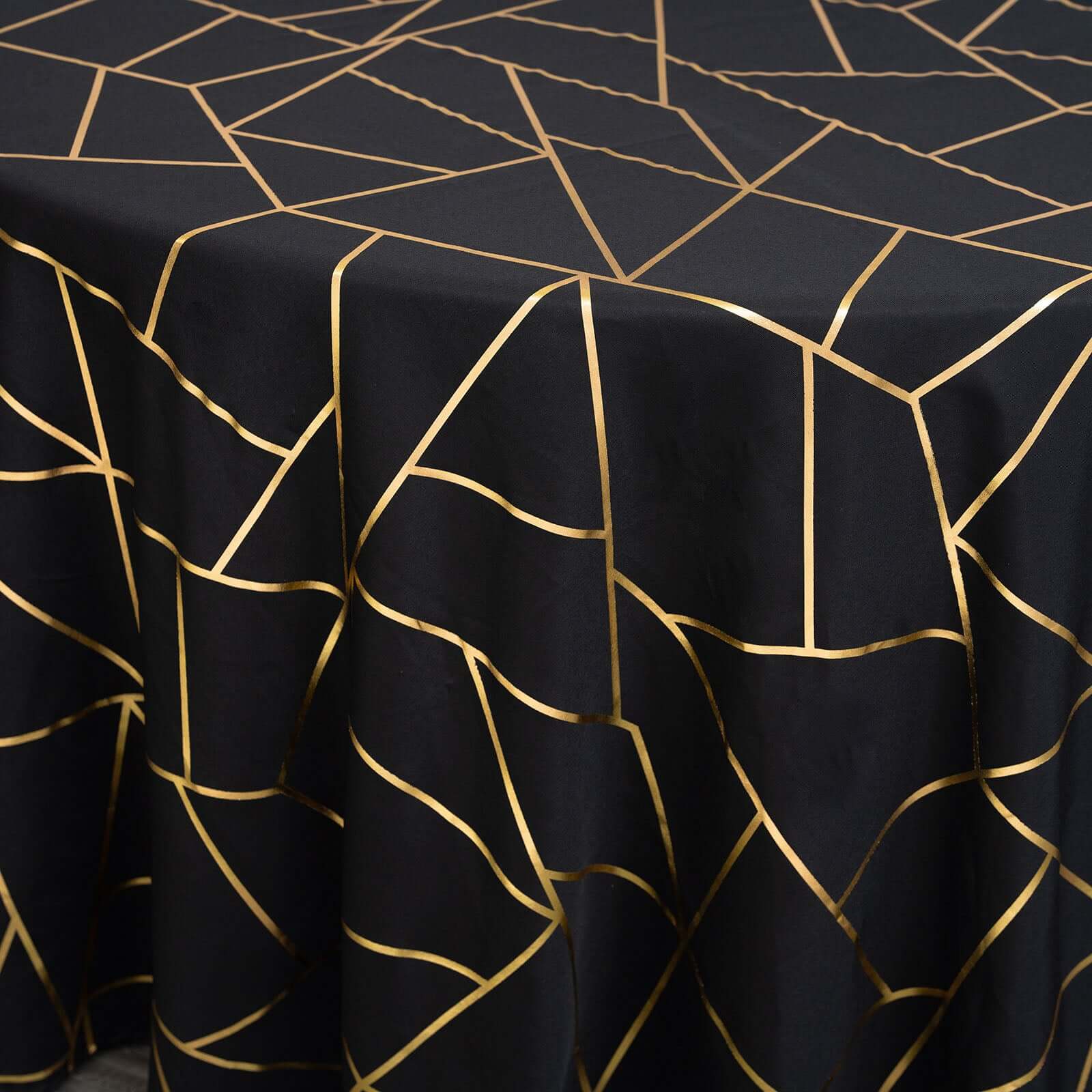 Polyester 120" Round Tablecloth Black with Gold Foil Geometric Pattern Wrinkle-Resistant Seamless Table Cover