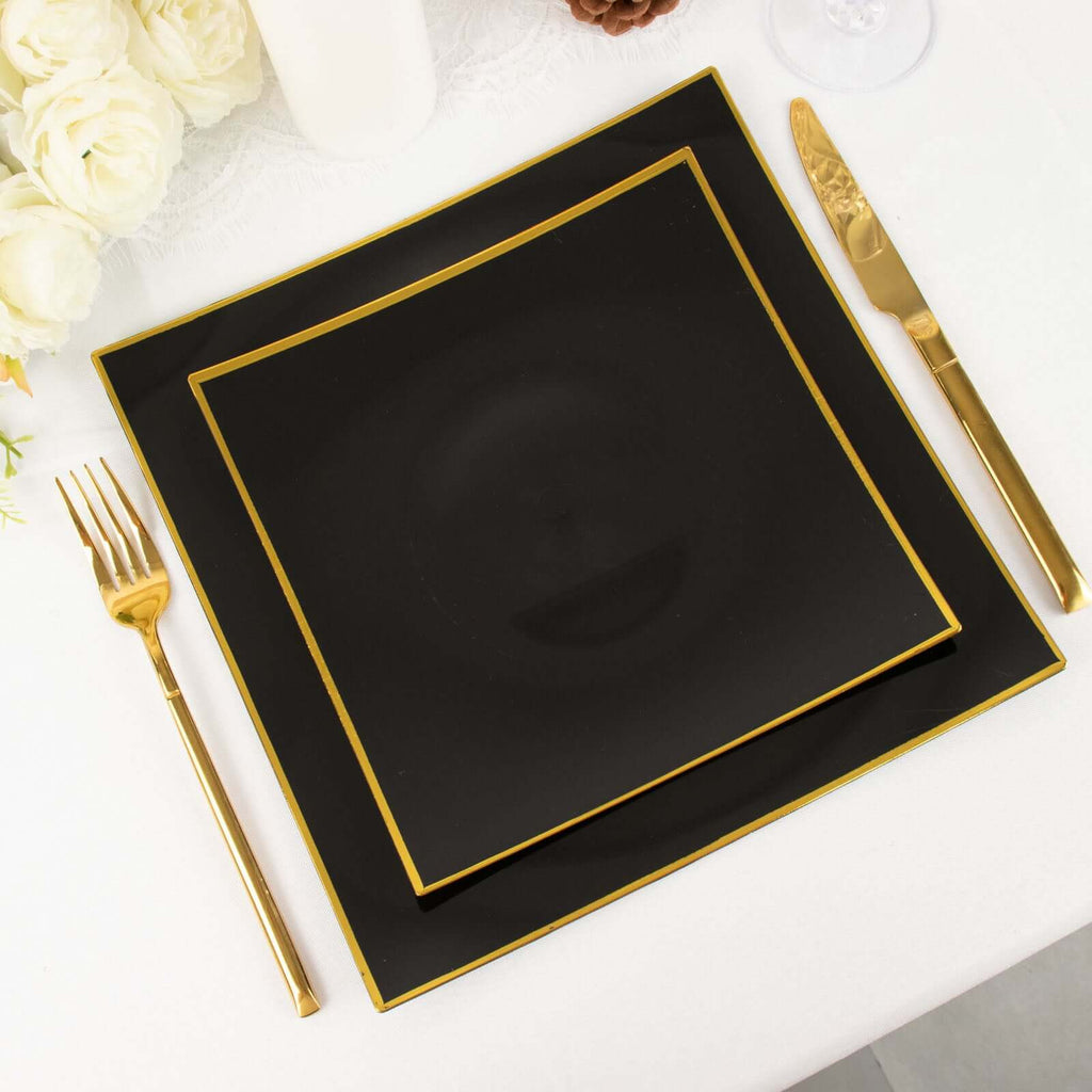 10-Pack Plastic 8" Square Dessert Plates in Black Concave Style with Gold Rim - Modern Disposable Salad Appetizer Party Plates