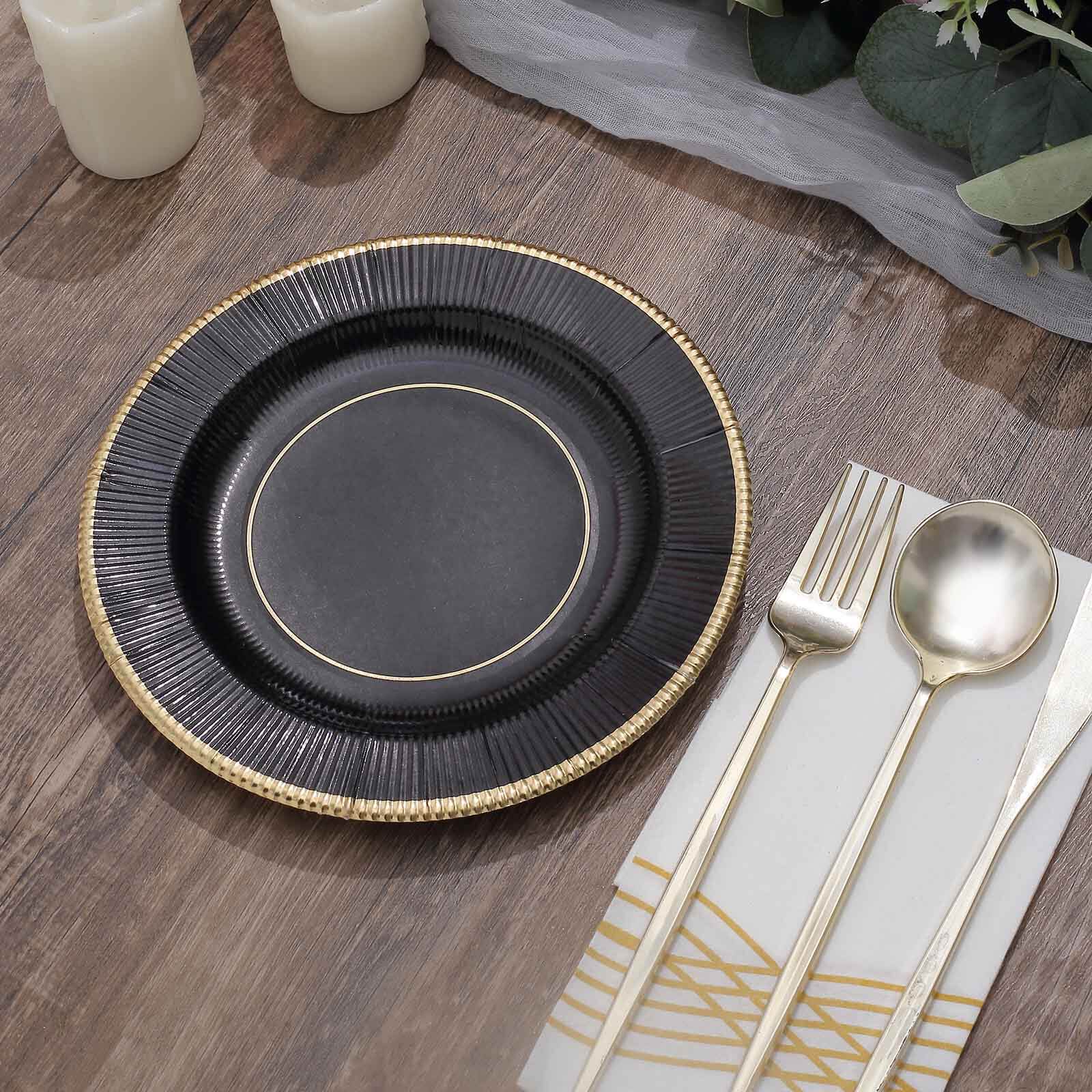 25-Pack Paper 8" Round Dessert Plates in Black Sunray Design with Gold Rim - Disposable Heavy Duty 350GSM Appetizer Salad Plates