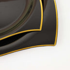 10-Pack Plastic 10" Square Dinner Plates in Black with Gold Wavy Rim Modern - Disposable Party Plates