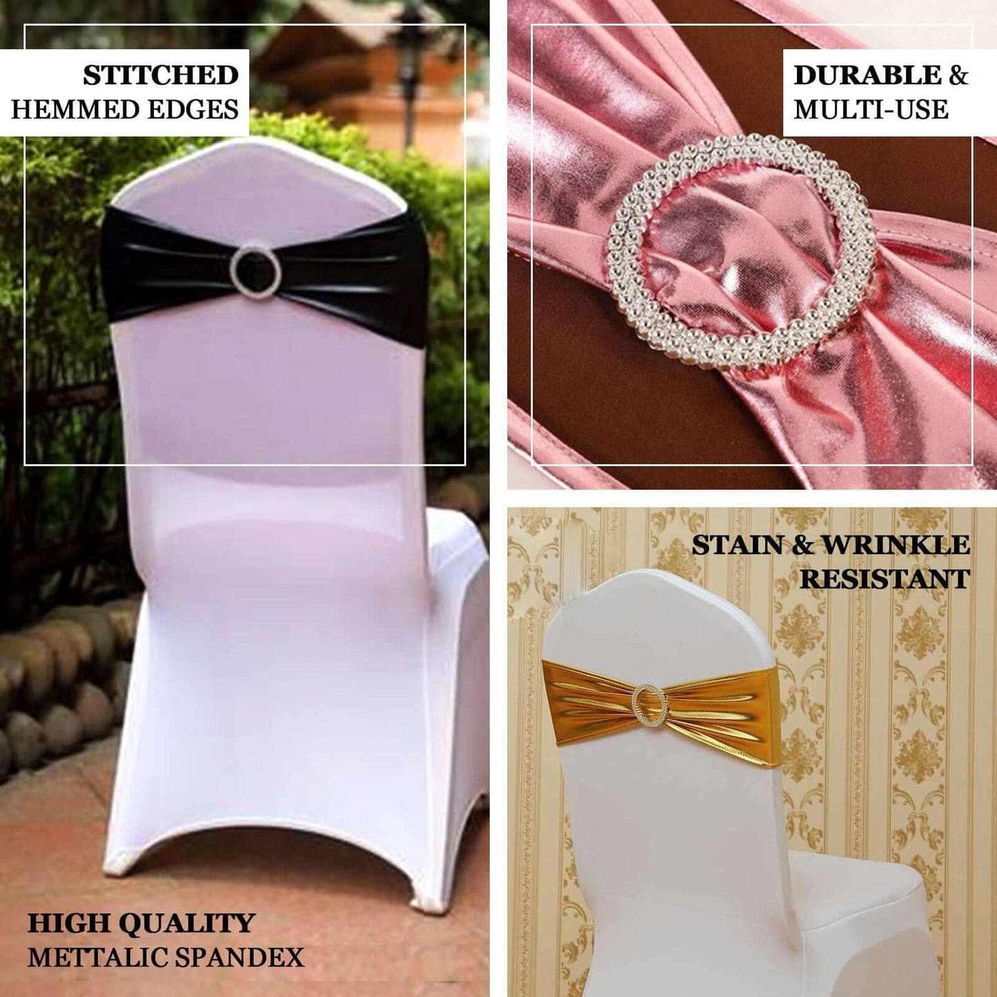 5 Pack Metallic Spandex Chair Sashes Black - Stretch Fit Chair Bands With Round Diamond Buckles for Glamorous Event Decor