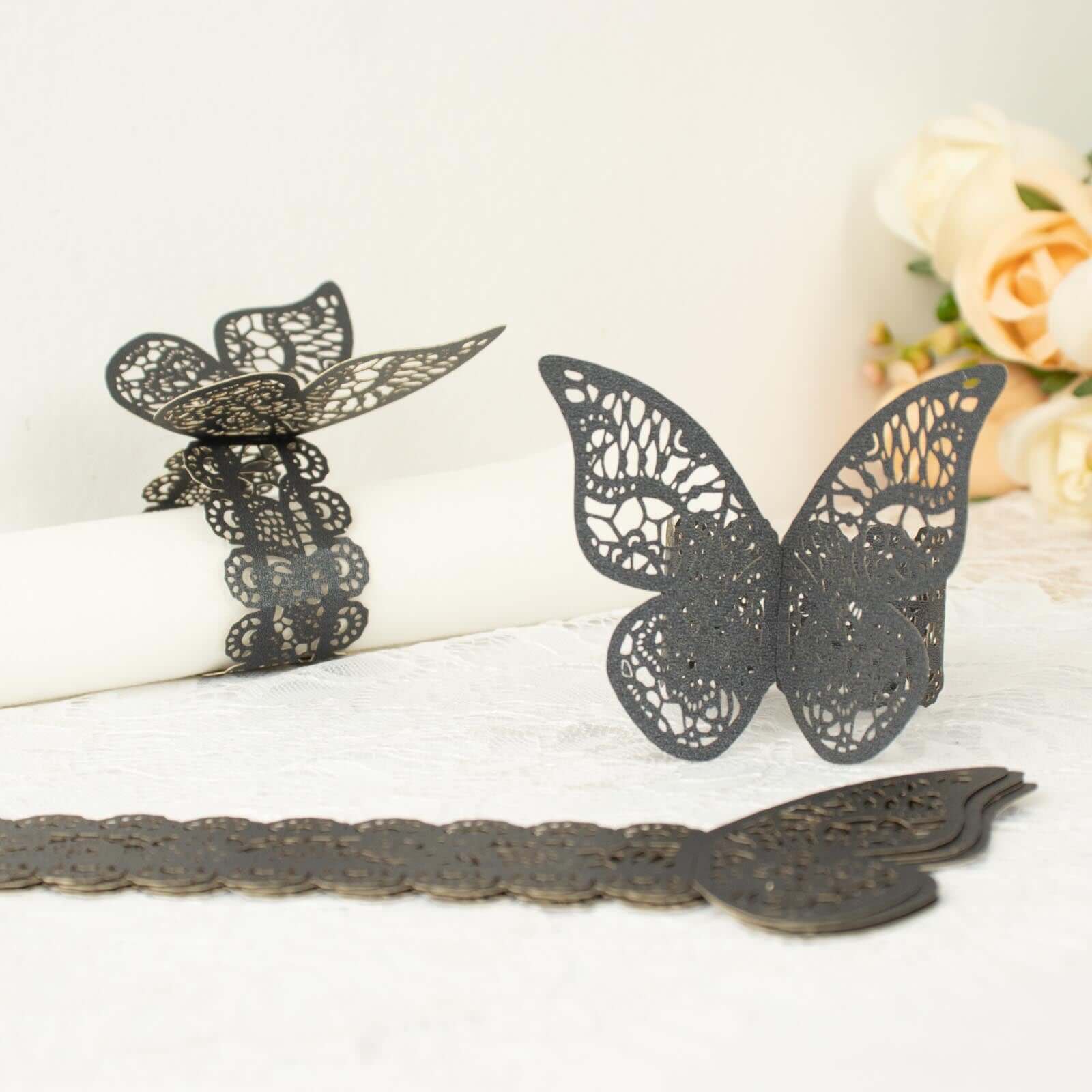 12-Pack Paper Napkin Rings Laser Cut Butterfly Black Shimmery - Decorative Serviette Holders for Events