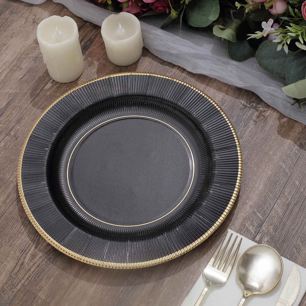 25-Pack Paper 10" Round Dinner Plates in Black Sunray Design with Gold Rim - Disposable Heavy Duty 350GSM Party Plates for Banquets & Celebrations